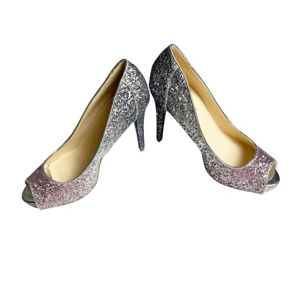 MARC FISHER Harpyly Glam Ombre Glitter Platform Peep Toe Heels Silver Size 8.5 - Picture 3 of 7